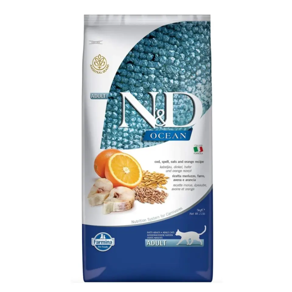 N&D Ocean Morina Balıklı ve Portakallı Ata Tahıllı Yetişkin Kedi Maması 10kg