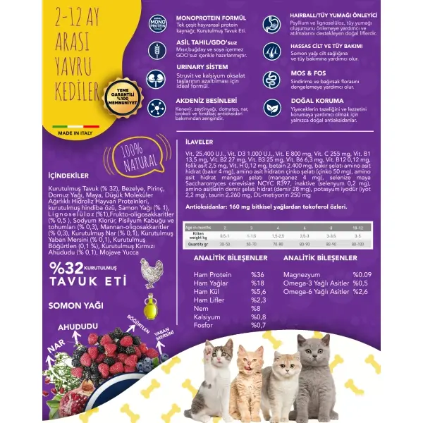 Exclusion Monoprotein Tavuklu Narlı ve Yaban Mersinli Düşük Tahıllı Yavru Kedi Maması 1,5kg