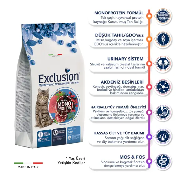 Exclusion Monoprotein Ton Balıklı Narlı ve Yaban Mersinli Düşük Tahıllı Yetişkin Kedi Maması 1,5kg