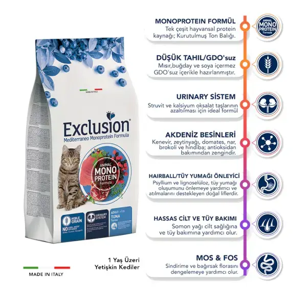 Exclusion Monoprotein Ton Balıklı Narlı ve Yaban Mersinli Düşük Tahıllı Yetişkin Kedi Maması 12kg