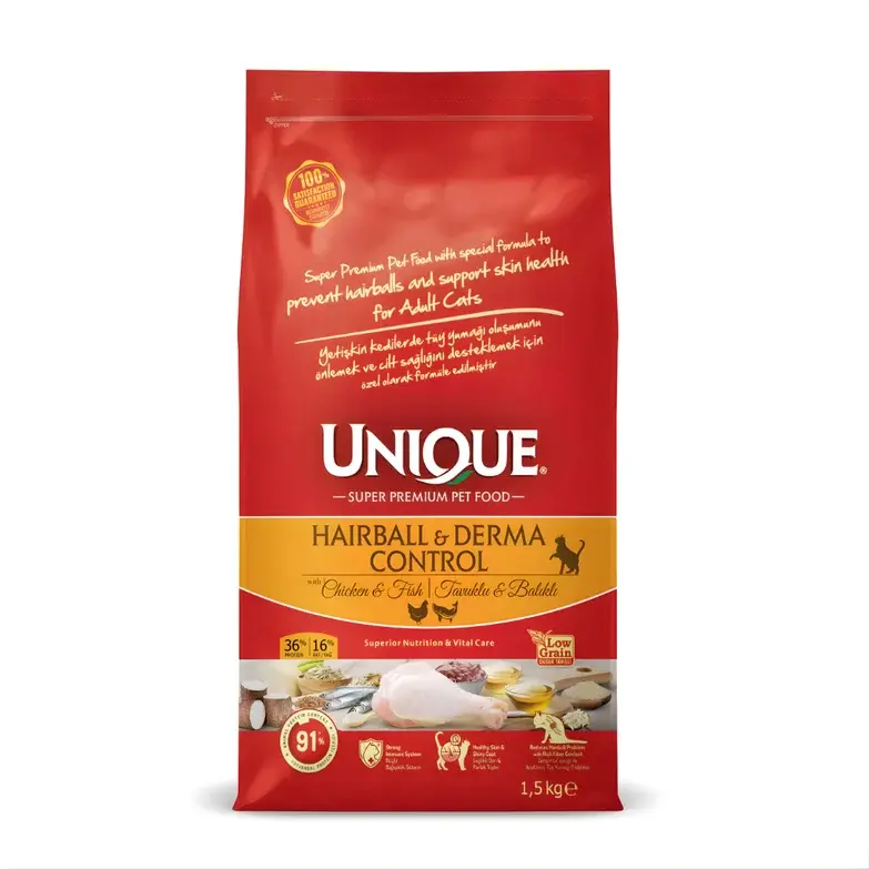 Unique Tüy Yumağı Önleyici Ve Dermatolojik Destekleyici Yetişkin Kedi Maması Tavuklu&Balıklı 1,5 kg