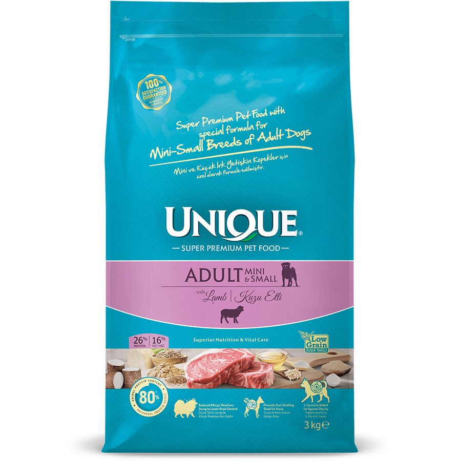 Unique Düşük Tahıllı Küçük Irk Yetişkin Köpek Maması Kuzu Etli 3 Kg