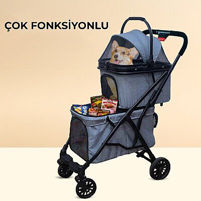 Flip Henan Benedict İki Katlı Kedi ve Küçük Irk Köpek Taşıma Arabası 50x80x105cm (Gri)