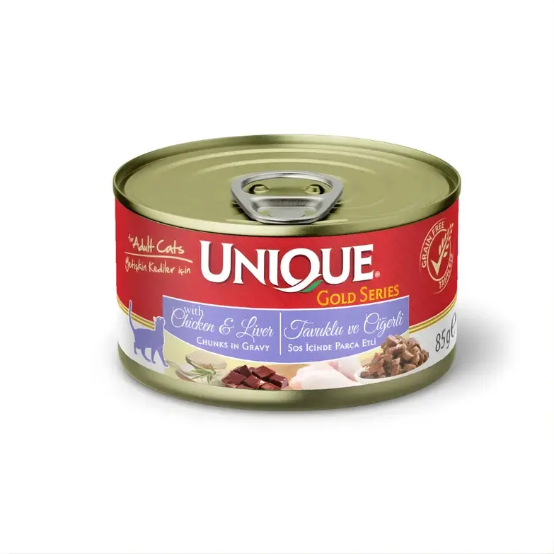 Unique Gold Series Konserve Yaş Kedi Maması 85 gr Tavuklu & Ciğerli (Sos İçinde Parça Etli)