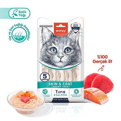 Wanpy Skin&Coat Ton Balıklı ve Somonlu Tüy Sağlığı Destekleyici Krema Kedi Ödül Maması 14gr (5'li)