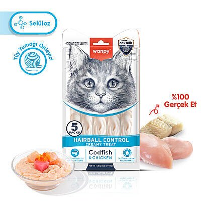 Wanpy Hairball Control Morinalı ve Tavuklu Tüy Yumağı Önleyici Krema Kedi Ödül Maması 14gr (5'li)