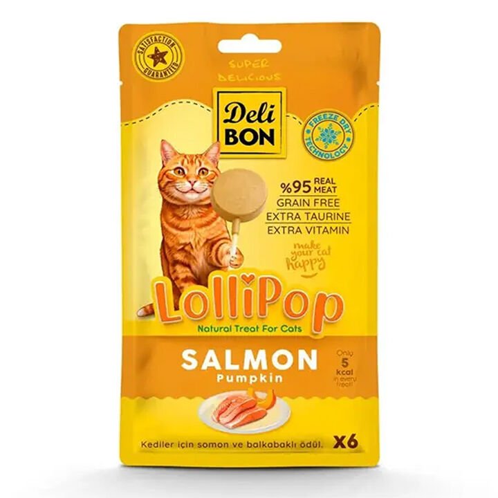 Delibon Dondurularak Kurutulmuş Somonlu Lolipop Kedi Ödülü (6'lı Paket)