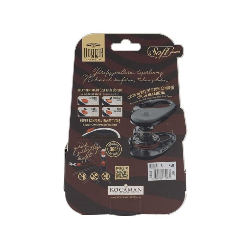 Doggie Soft Otomatik Makaralı Köpek Tasması S 15kg 5m Kırmızı