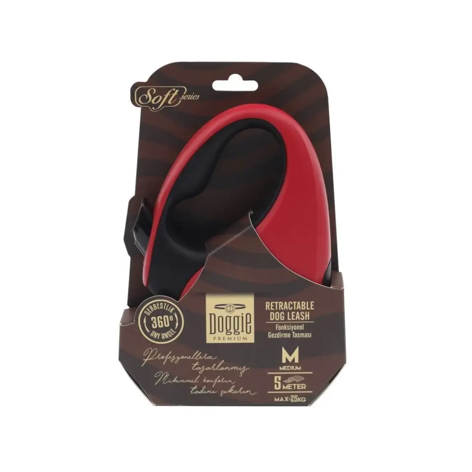 Doggie Soft Otomatik Makaralı Köpek Tasması M 25kg 5m Kırmızı